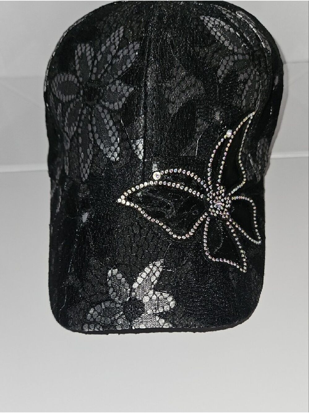 Black Lace Baseball Cap with Rhinestone Butterfly Accent - Picture 4 of 6